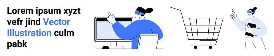 Character in Business Attire Using Computer, Shopping Cart Icon, and Bookho.. Stockillustratie