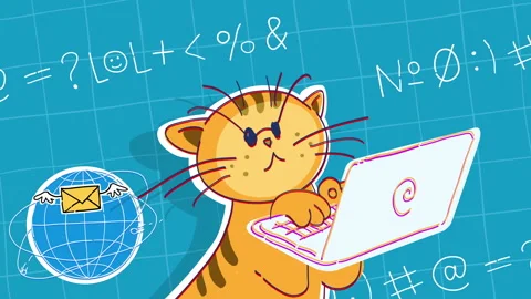 Character Cat Uses Computer Animation Background Stock Footage 150098268