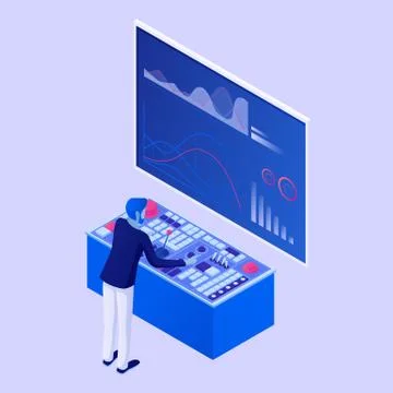Character conducts web analytics isometric concept. Man with control panel Stock Illustration