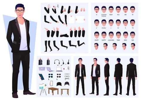 Character Constructor with Business Man Wearing Suit and Glasses, Hand Gestur Stock Illustration