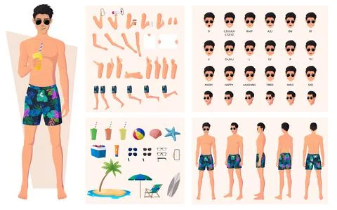 Character Constructor with Man Wearing Swim Trunks and Sun Glasses on Beach. Lip Stock Illustration