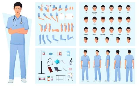 Character Constructor With Nurse, Doctor, Face Expressions, Emotions, Various Stock Illustration