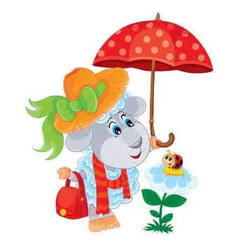 Character of a cute sheep in a hat and with an umbrella, a sheep admiring a l Stock Illustration