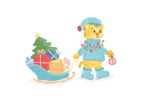 The character of a cute tiger on the numbers of the year 2022. Stock Illustration