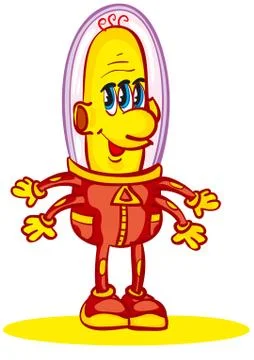 Character cute yellow alien in a red spacesuit who friendly waves his hands, Stock Illustration