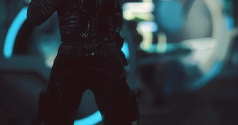 Character in dark attire with futuristic background and glowing elements Stock Footage 311990553