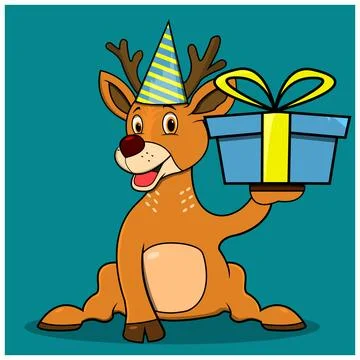 Character Deer Bring A Blue Gift For Party Stock Illustration