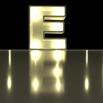 Character E font with reflection. Light bulb glowing letter alphabet. Capit.. Stock Photos