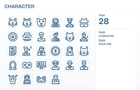 Character Exclusive Vector Set featuring 28 Bold Line Display Perfect 128x1.. Stock Illustration