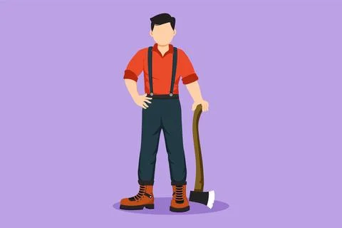 Character flat drawing active lumberjack man with axe standing wearing susp.. イラスト素材