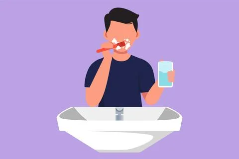 Character flat drawing active man brushing teeth in sink. Routine habits ev.. Stock Illustration
