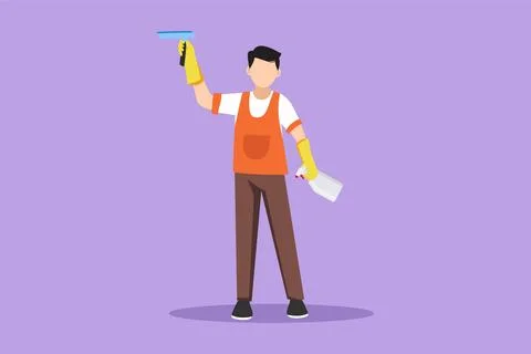 Character flat drawing active smiling cleaning staff member is wiping windo.. Stock Illustration