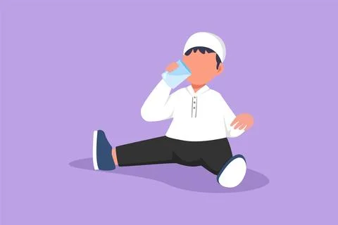 Character flat drawing adorable Arab little boy sitting while holding and e.. Stock-Illustration
