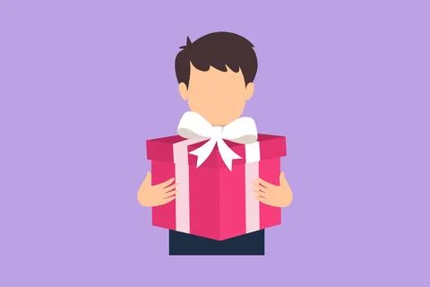 Character flat drawing adorable kid holding big ribbon bow wrapped gift box.. Stock Illustration