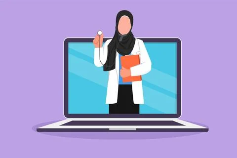 Character flat drawing Arab female doctor comes out of laptop computer scre.. Stock Illustration