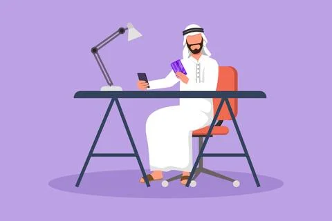 Character flat drawing Arab man sitting at desk and typing entering credit .. 스톡 일러스트