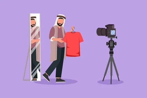 Character flat drawing Arab man blogger records video tips for choosing clo.. Stock Illustration