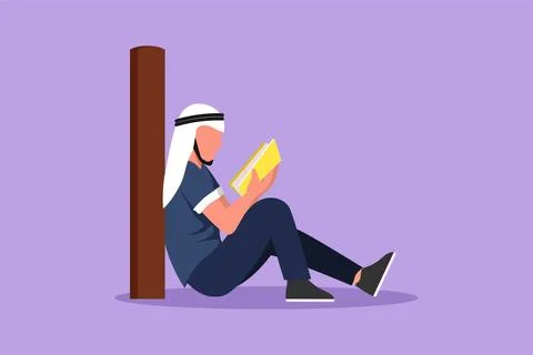 Character flat drawing Arab man sit on the floor, reclined on wall of libra.. 스톡 일러스트