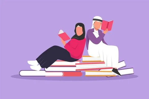 Character flat drawing Arab student woman and man reading, learning and sit.. Stock Illustration