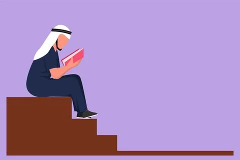 Character flat drawing Arabian man reading book sitting on stairs. Smart ma.. 스톡 일러스트