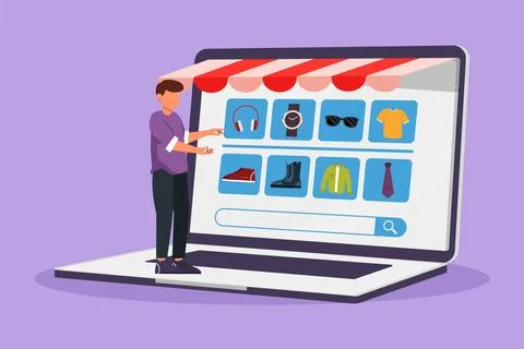 Character flat drawing attractive man choosing shopping items on a giant la.. Ilustración de archivo