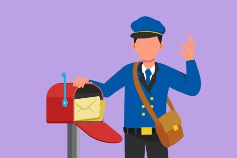 Character flat drawing attractive postman holding envelope on mail box with.. Stock Illustration