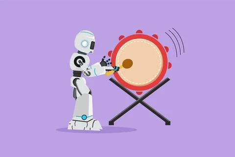 Character flat drawing attractive robot musician hitting traditional drum i.. Stockillustratie