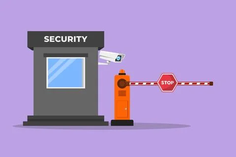 Character flat drawing automatic striped barrier gate with guard posts and .. Stock Illustration
