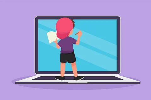 Character flat drawing back view of pre schooler boy student writing on gia.. Stock Illustration