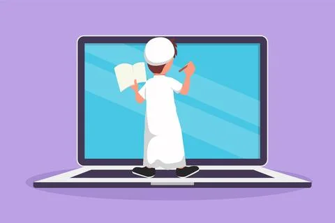 Character flat drawing back view of pre schooler boy student writing on gia.. Stock-Illustration