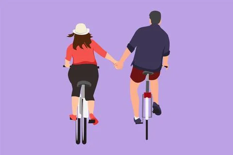Character flat drawing back view of romantic cycling couple holding hands i.. Stock Illustration