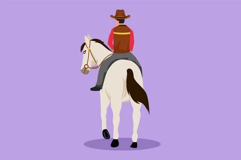 Character flat drawing back view of cowboy riding horses in desert on woode.. Stock Illustration