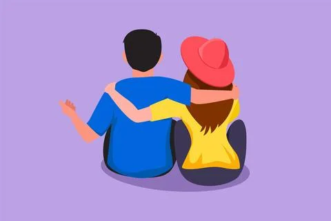 Character flat drawing back view of romantic couple in love sitting and hug.. 스톡 일러스트