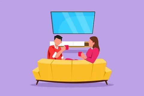 Character flat drawing back view of romantic couple sitting at sofa, talkin.. Stock Illustration
