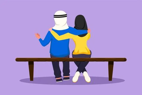 Character flat drawing back view romantic Arab couple chatting and hugging .. 스톡 일러스트