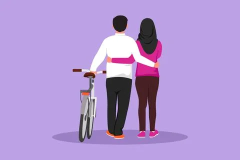 Character flat drawing back view of Arab couple with bicycle walking in par.. Stock Illustration