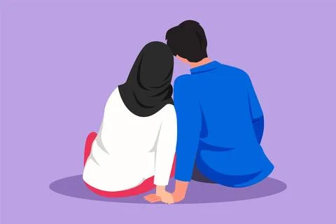 Character flat drawing back view of cute Arab people in love sit holding ha.. 스톡 일러스트