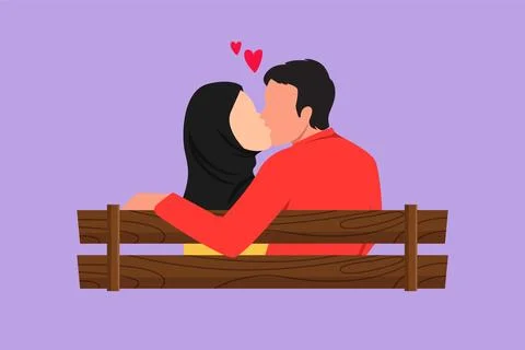 Character flat drawing back view of romantic Arab couple sweet kissing sitt.. 스톡 일러스트