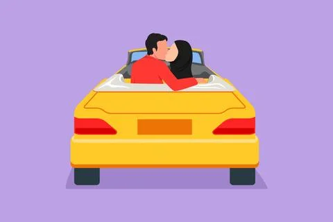 Character flat drawing back view of two romantic lovers sitting in vintage .. Stockillustratie