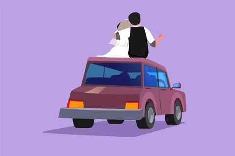Character flat drawing back view of married lovers sitting on roof of car a.. Stockillustratie