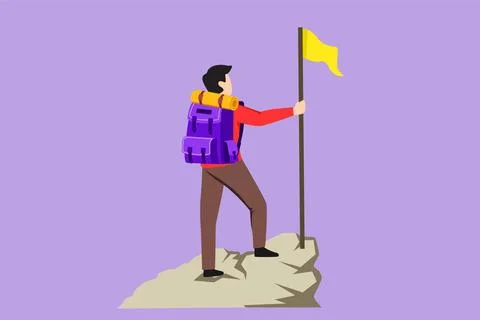Character flat drawing back view of climber in uniform with flag on snowed .. Stock Illustration