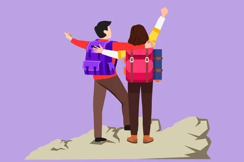 Character flat drawing back view of romantic couple hikers with raised hand.. Ilustração Stock