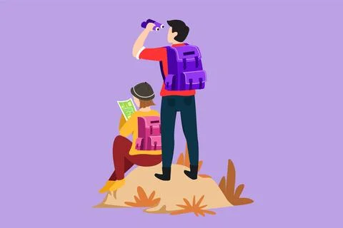 Character flat drawing back view of couple hikers man woman with backpacks,.. Stock Illustration