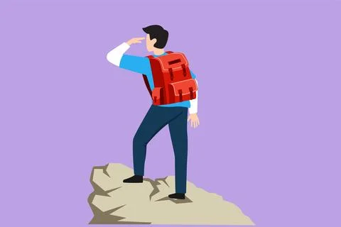 Character flat drawing back view of man with backpack, traveler, explorer s.. Stock Illustration