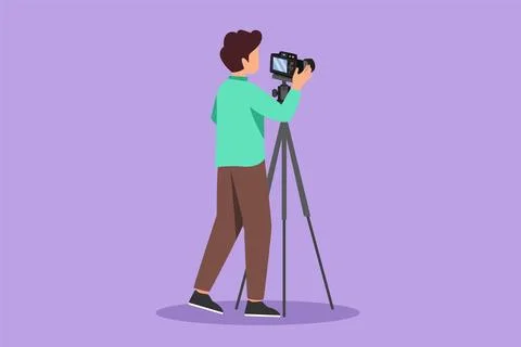 Character flat drawing back view of male photographer with camera on tripod.. Stock Illustration
