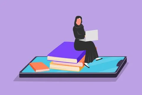 Character flat drawing beautiful Arabian female college student sitting on .. Stock Illustration