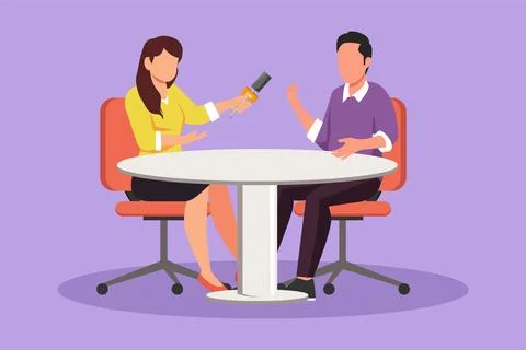 Character flat drawing beautiful TV presenter woman interviewing celebrity .. 스톡 일러스트