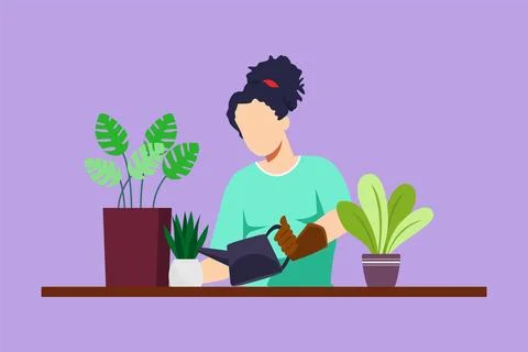 Character flat drawing beautiful woman watering houseplants at home. Home g.. Ilustração Stock