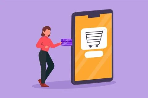 Character flat drawing beautiful young woman inserting credit card into big.. Stock Illustration
