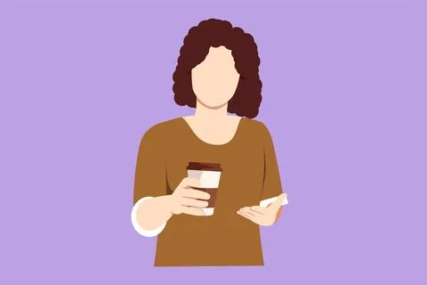 Character flat drawing beautiful young woman holding and showing paper cup .. Stock Illustration